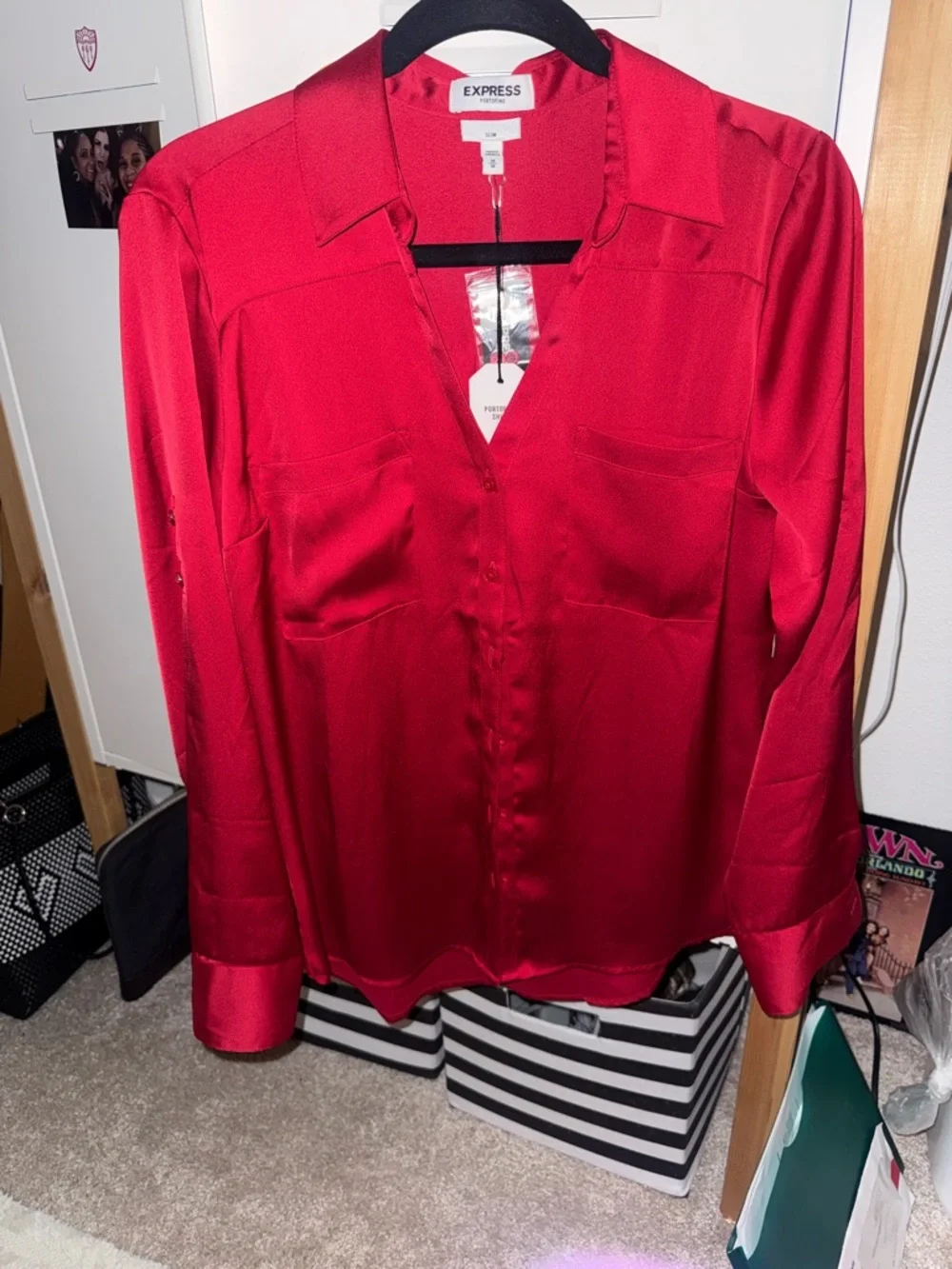 Express Red Satin Button-Front Blouse - Picture 1 of 5